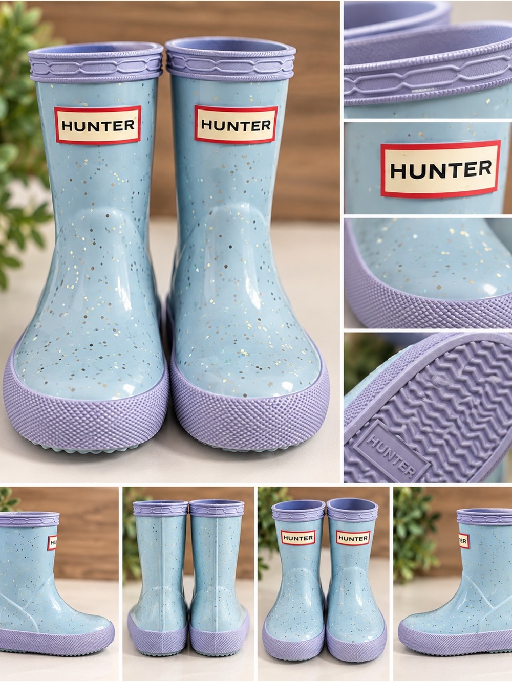 Hunter Kids Light Blue Rain Boots with Lavender Trim